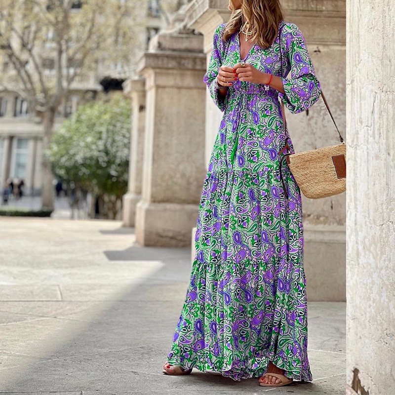 2022 Summer Puff Sleeve Boho Long Dress Women Floral Print V Neck