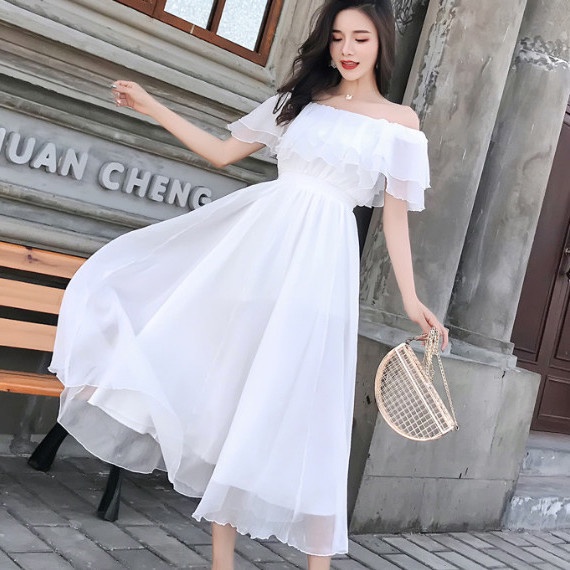 (Quick delivery)4 ways to wear 2-layer long chiffon dress female white ...