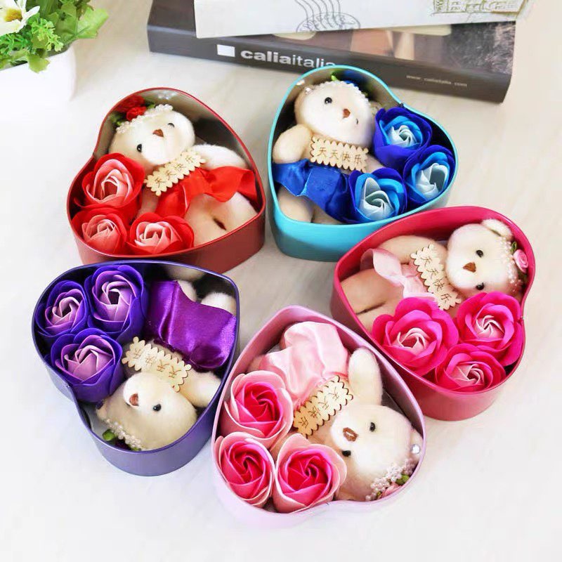 valentines gift set with rose and teddy bear set heart soap flower ...