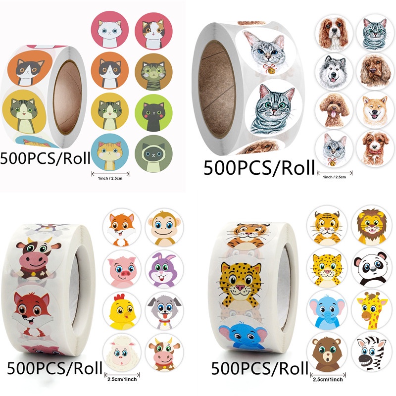 500pcs/Roll 1 inch Cartoon Cat Tiger Dog Animal Children Sticker Label ...