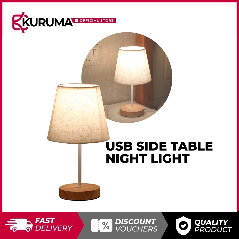 Side Table Lamp Shade Modern Design Bedside Table Lamp Wooden USB LED