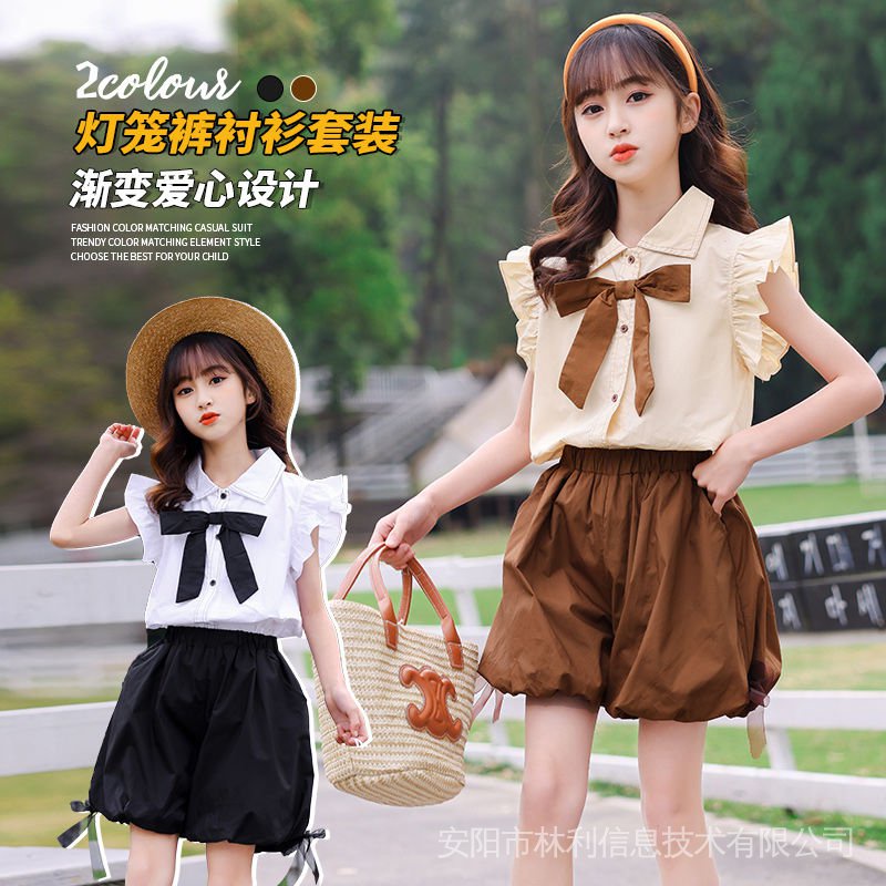 kids suit5 girls short-sleeved bow shirt + bloomers two-piece set 6 ...