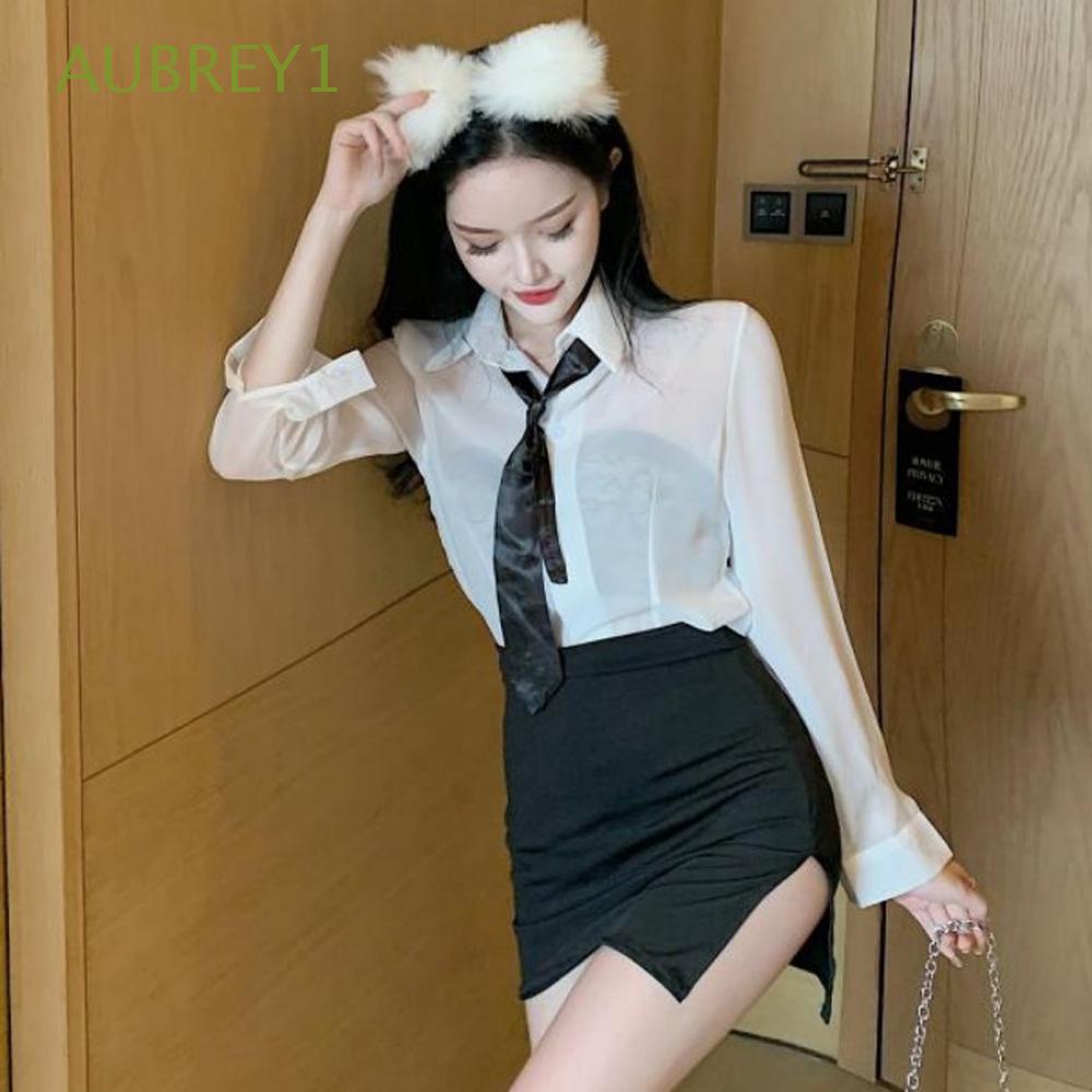 Aubrey1 Sexy Miss Secretary Costume Black Tie Secretary Office Uniform Teacher Cosplay Women