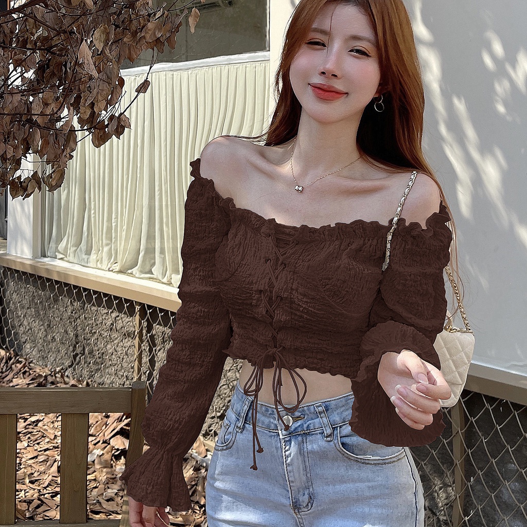 Fashion women vintage puff off shoulder crop top Shopee Philippines