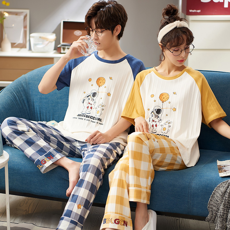 Summer Couple Pajamas Set Short Top Long Pants Cartoon Astronaut