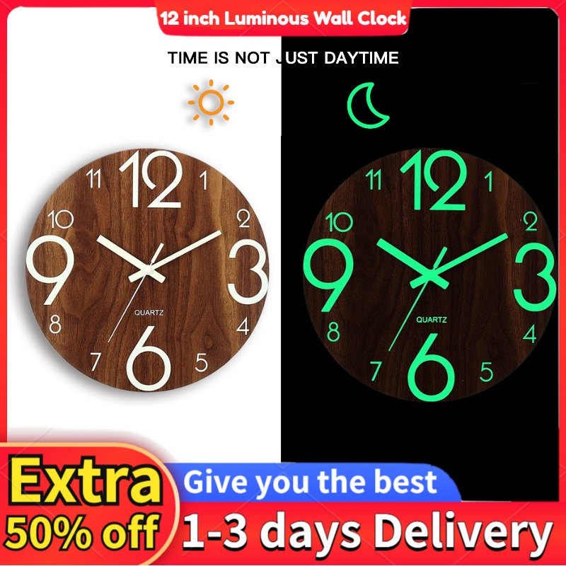 12 inch Luminous Wall Clock Quartz Wooden Silent Glow in the Dark Clock ...