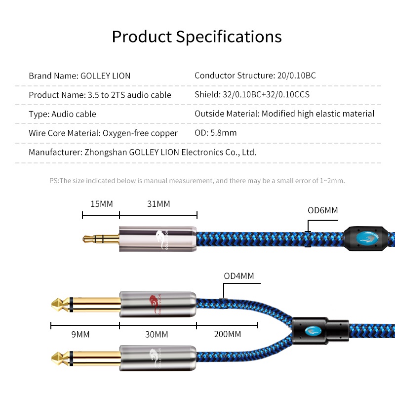 Golley Lion Audio Cable Mm Male To Dual Mm Cable Ts Mm Y Cable Splitter Cord For