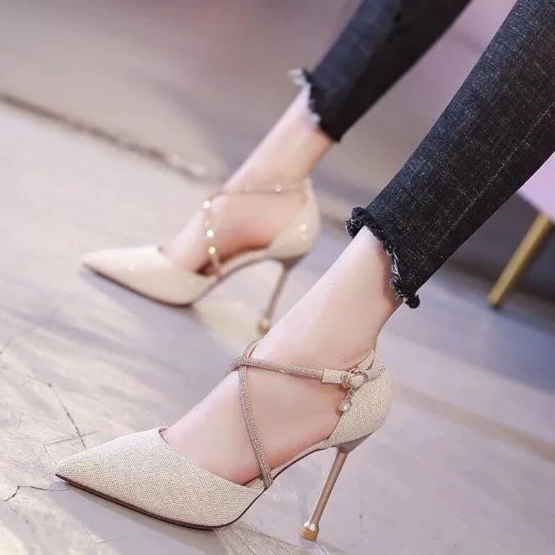 Women Sweet High Quality Light Weight Golden Stiletto Heels Lady Fashion  Black Summer High Heel Shoes Zapatos A9066