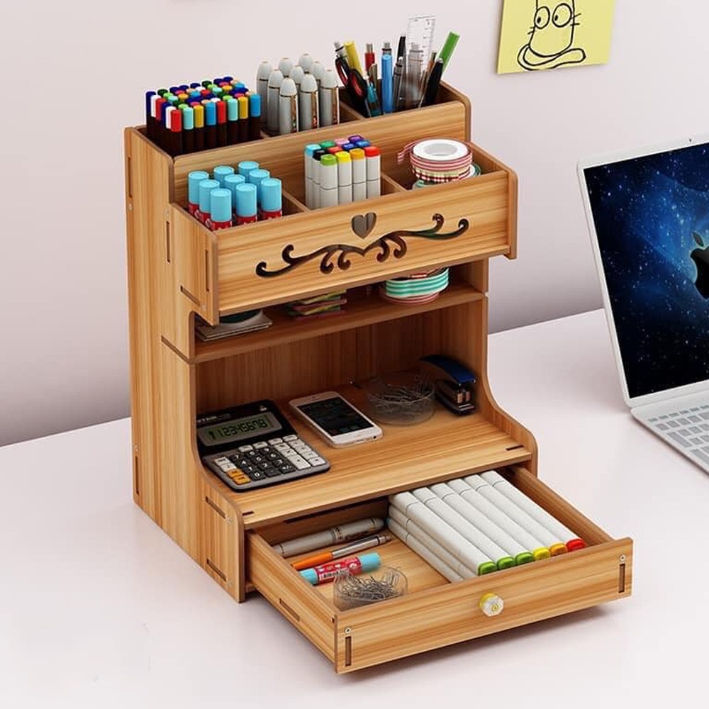 GREENMOON Wooden Desk Organizer, Multi-Functional DIY Pen Holder Box ...