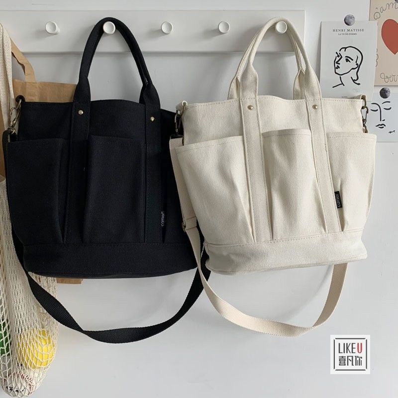 Women's tote bag Japanese simple multi-pocket Tot canvas bag men's and ...
