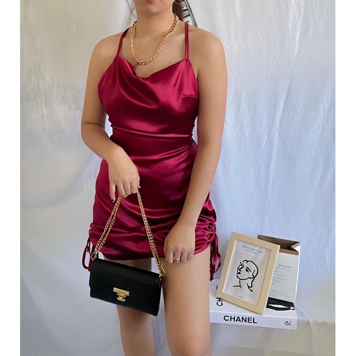 Satin Sexy Silk Red Backless Side Ruched Dress | Shopee Philippines