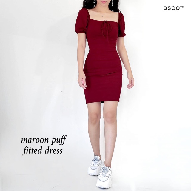 Maroon Puff Fitted Dress | Shopee Philippines