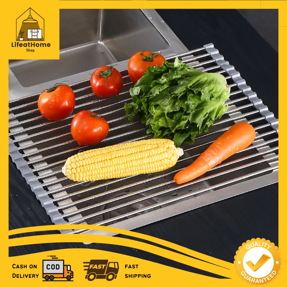 LifeatHome Roll Up Foldable Dish Drying Rack Over Sink Mat Stainless