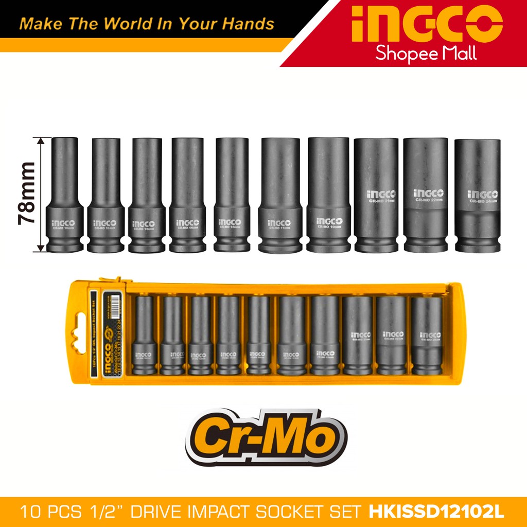 Ingco HKISSD12102L 10pcs 6pt Hexagon Drive Deep Impact Socket Set 1/2" _H Shopee Philippines