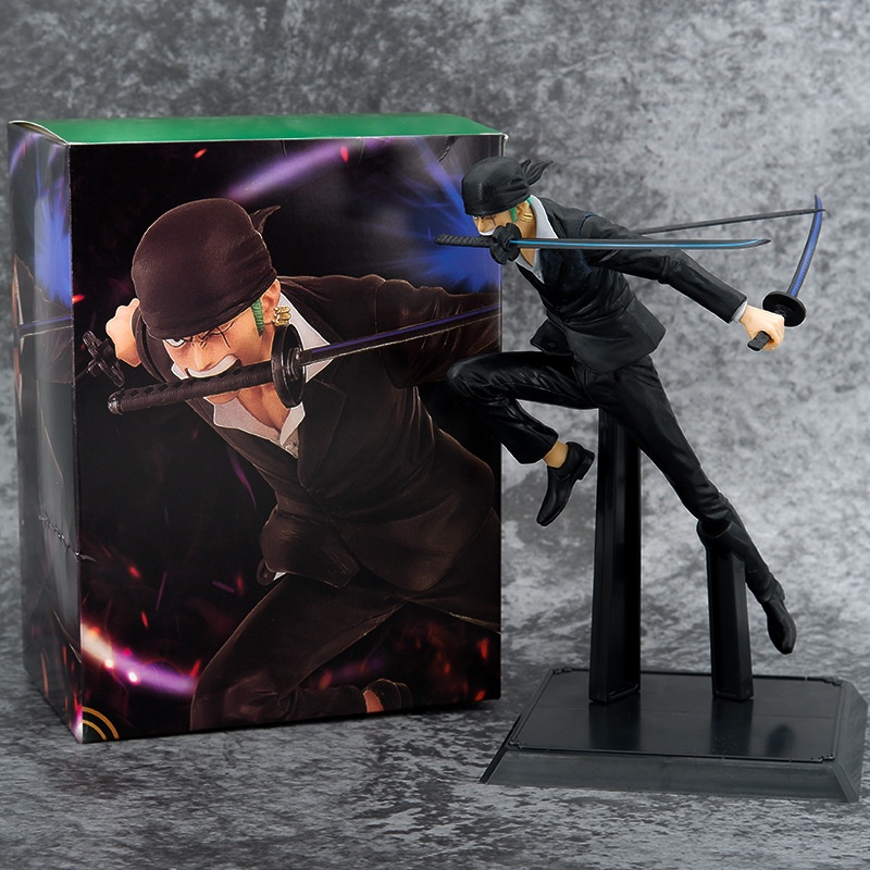 Boxed 20CM Anime ONE PIECE Roronoa Zoro Black cloth Three knife flow