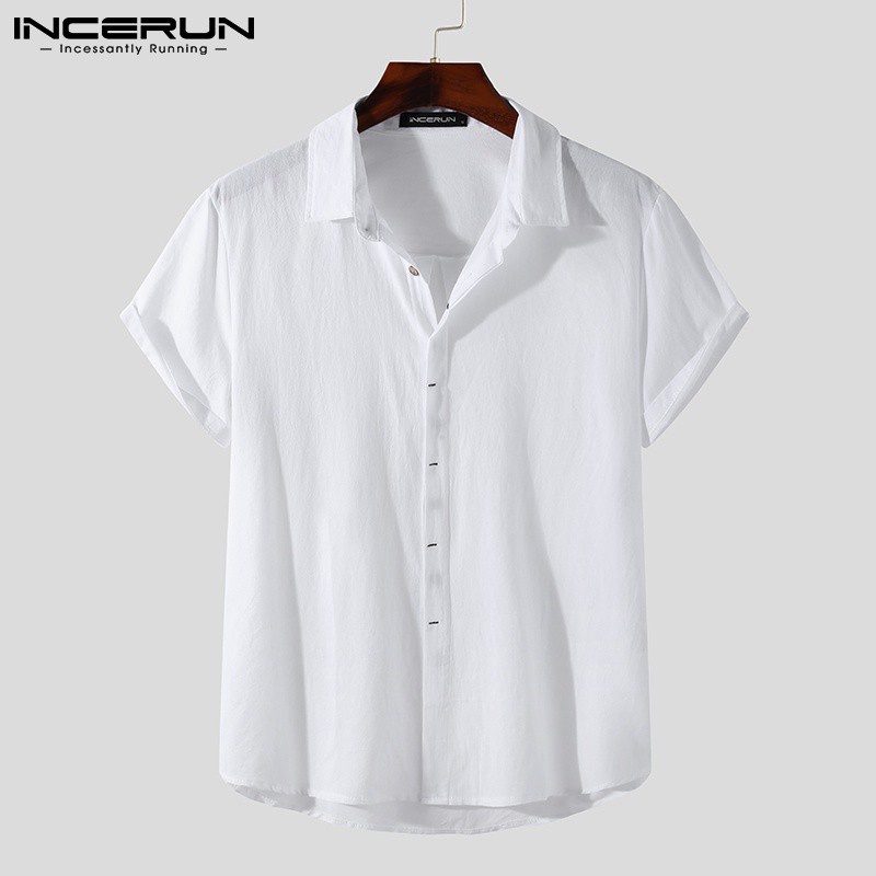 INCERUN Men's Breathable Casual Solid Color Short Sleeve Buttons Up ...