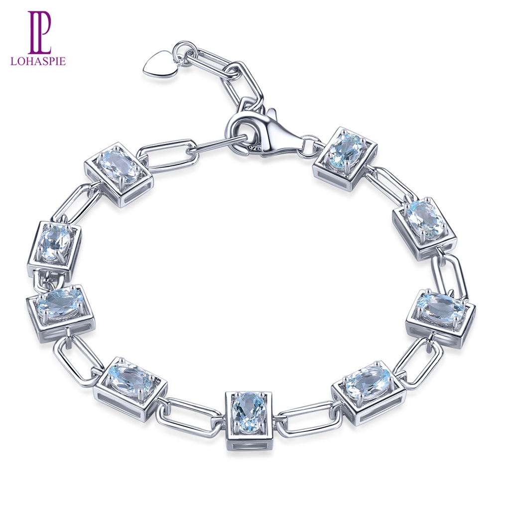Genuine Solid Silver 925 Aquamarine Bracelet Natural Light Blue