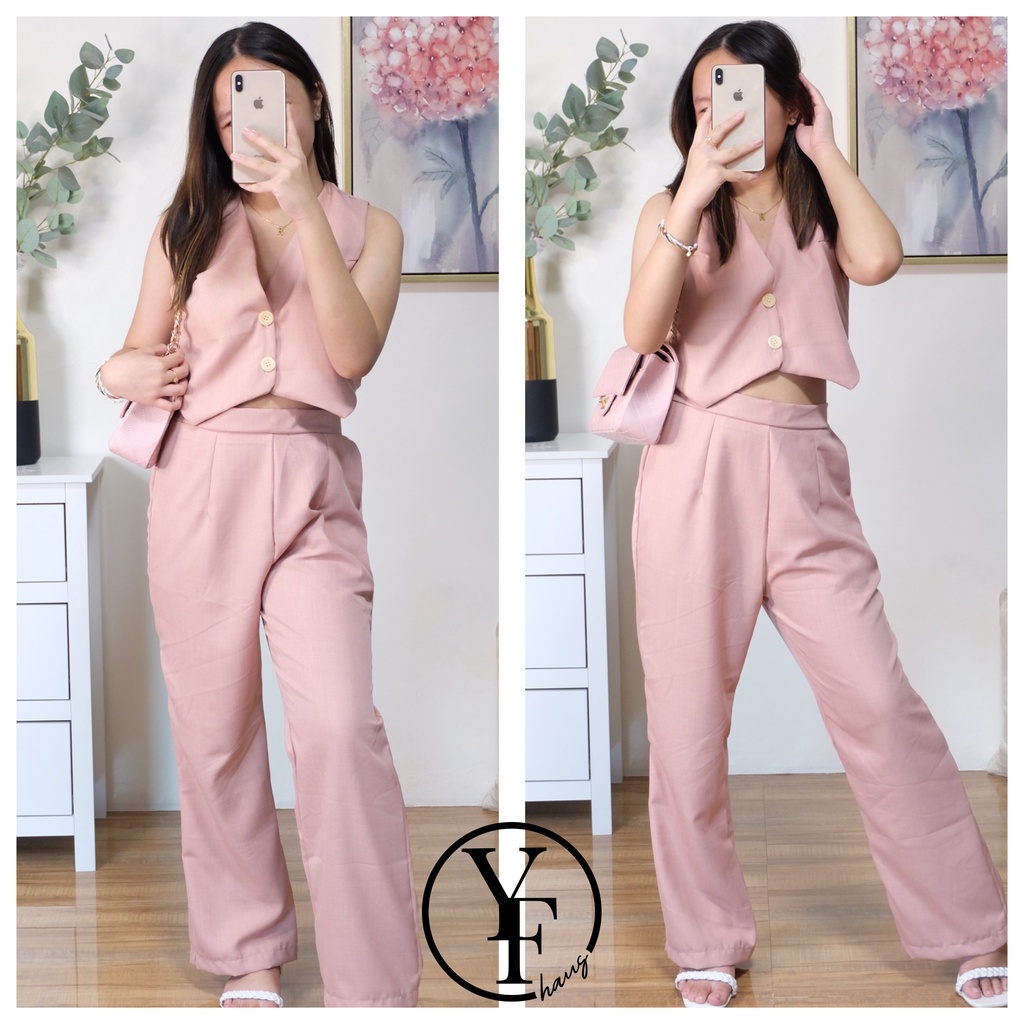 CURTIS Linen V Neck Button Down Vest Top and High Waist Wide Leg Pants Set  Coordinates