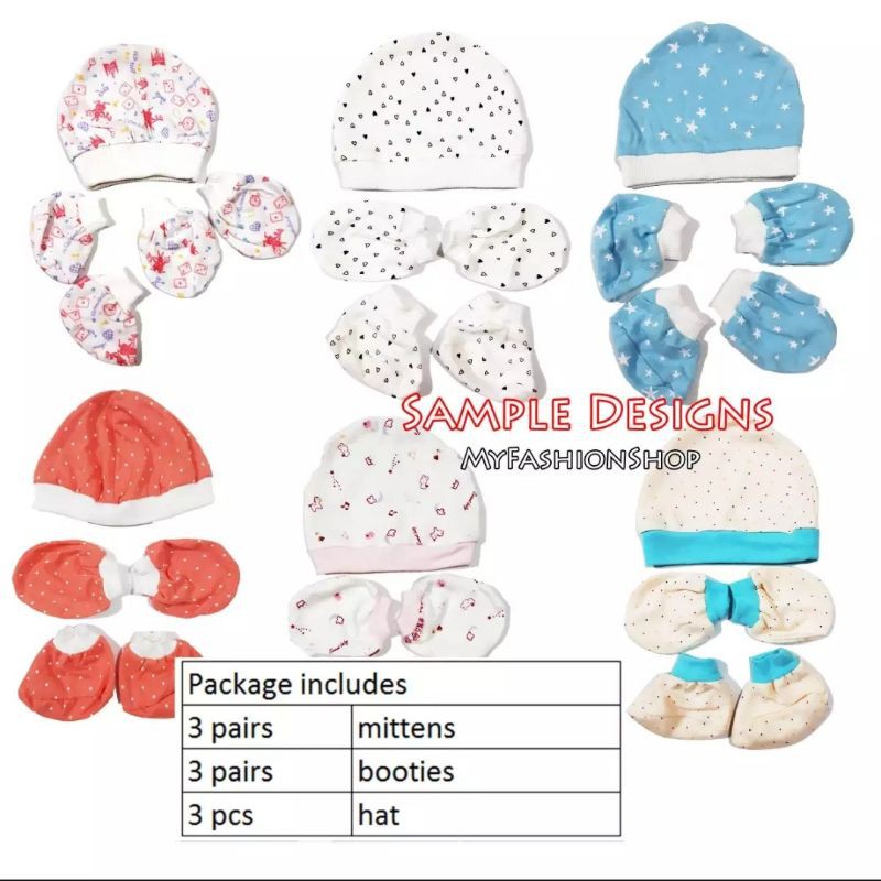 15 pcs (3 sets) mittens, booties and hat for newborn baby BOY and baby GIRL 100 Cotton Shopee
