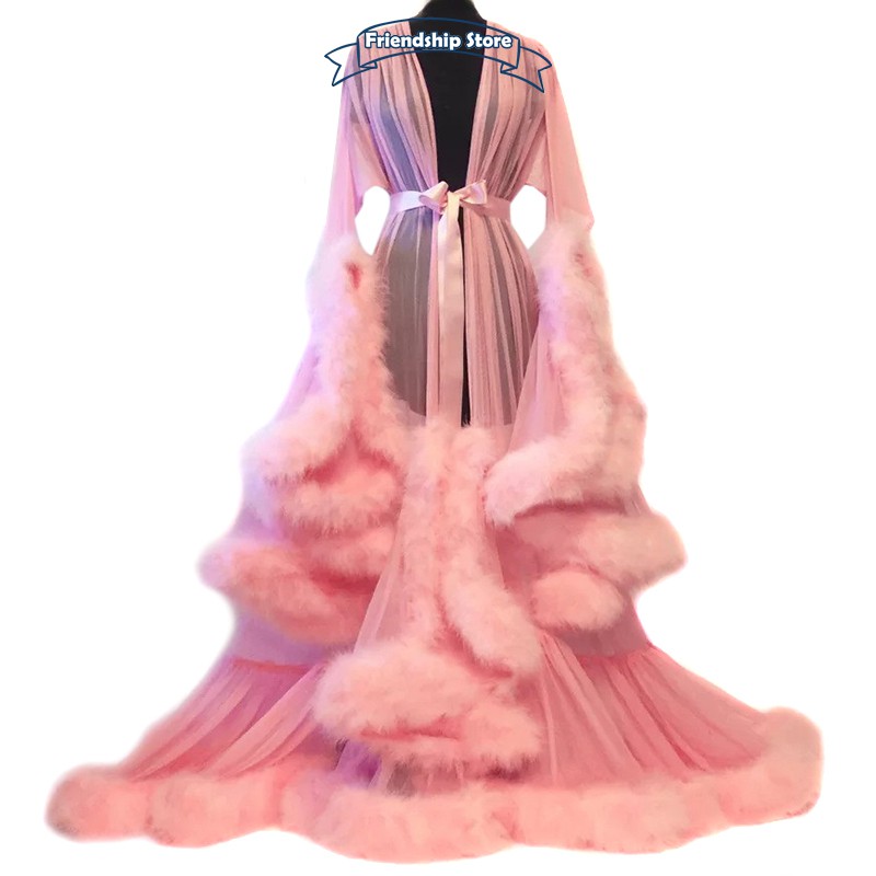 Old Hollywood Fuzzy Robe for Bed Time Flared Sleeve Tailing Dress Tulle ...