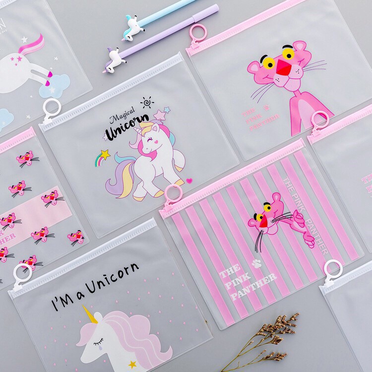 Cartoon transparent cute Unicorn file Pink Leopard Bag student storage ...