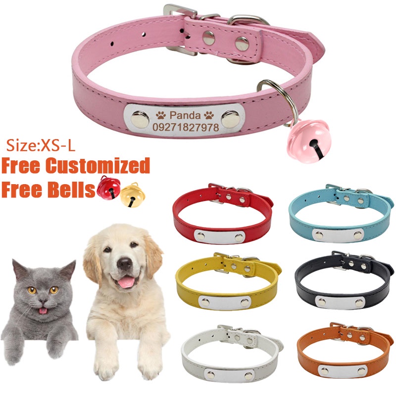 Personalized Soft Leather Dog Collar With Free Engraved Heart ID Tag - Adjustable Sizes S/M/L/XL