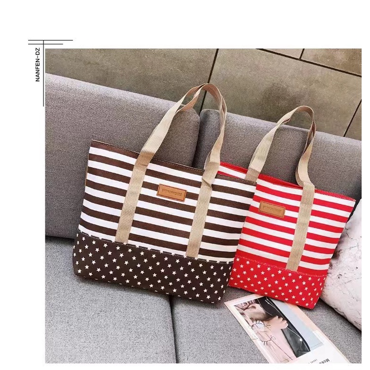 MEMC Korean Tote Bags Striped Canvas Shoulder Bag Carry all Tote Bag
