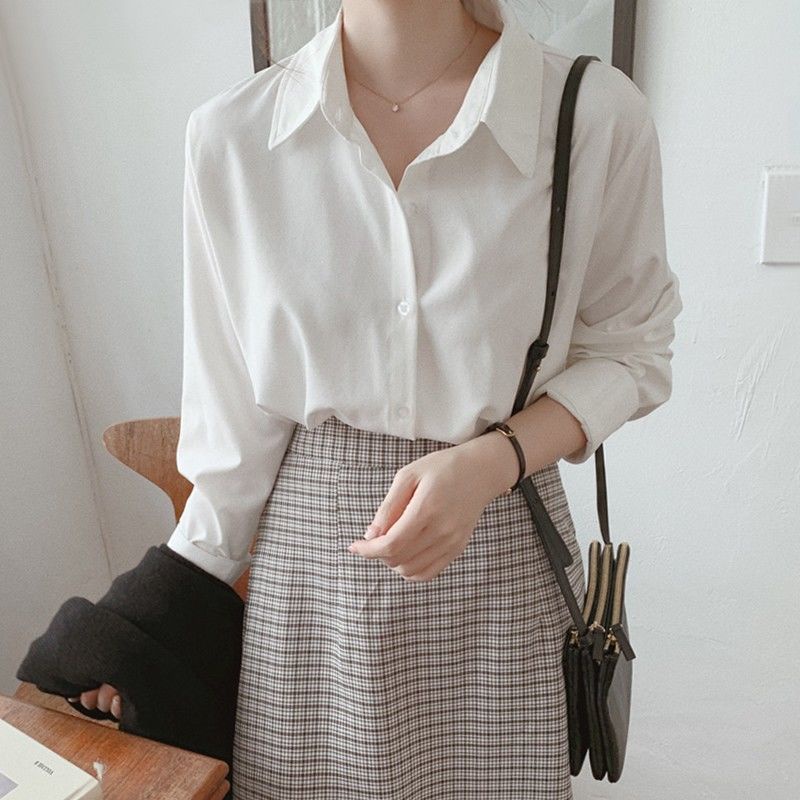 VESNA Korean Plain Black And White Shirt Long Sleeve Loose Shirt Basic ...