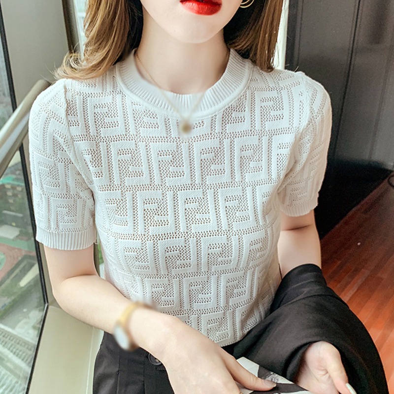Knitted Summer Girl Short Fit Black Pink Women's Short Sleeve T-shirt