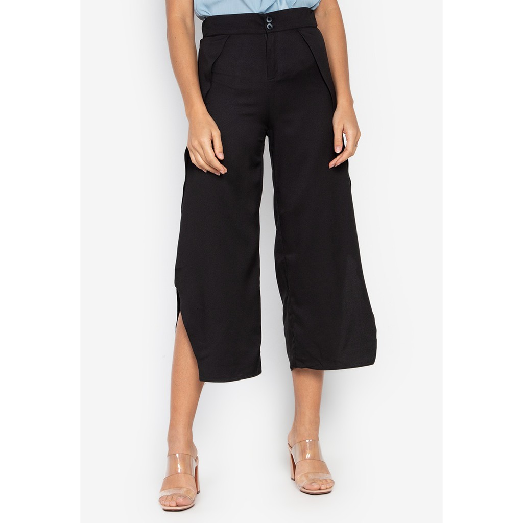 Krizia High Waist Wide Leg Poly Cotton Overlap Slit Pants Culottes ...