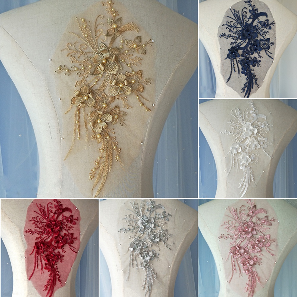 1Pc Embroidery Bead Lace Patch Flower Wedding Dress Hand DIY Applique ...