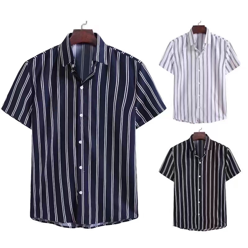 Fshion Men's Stripe Polo Shirt Print Short Sleeve Korean style | Shopee ...