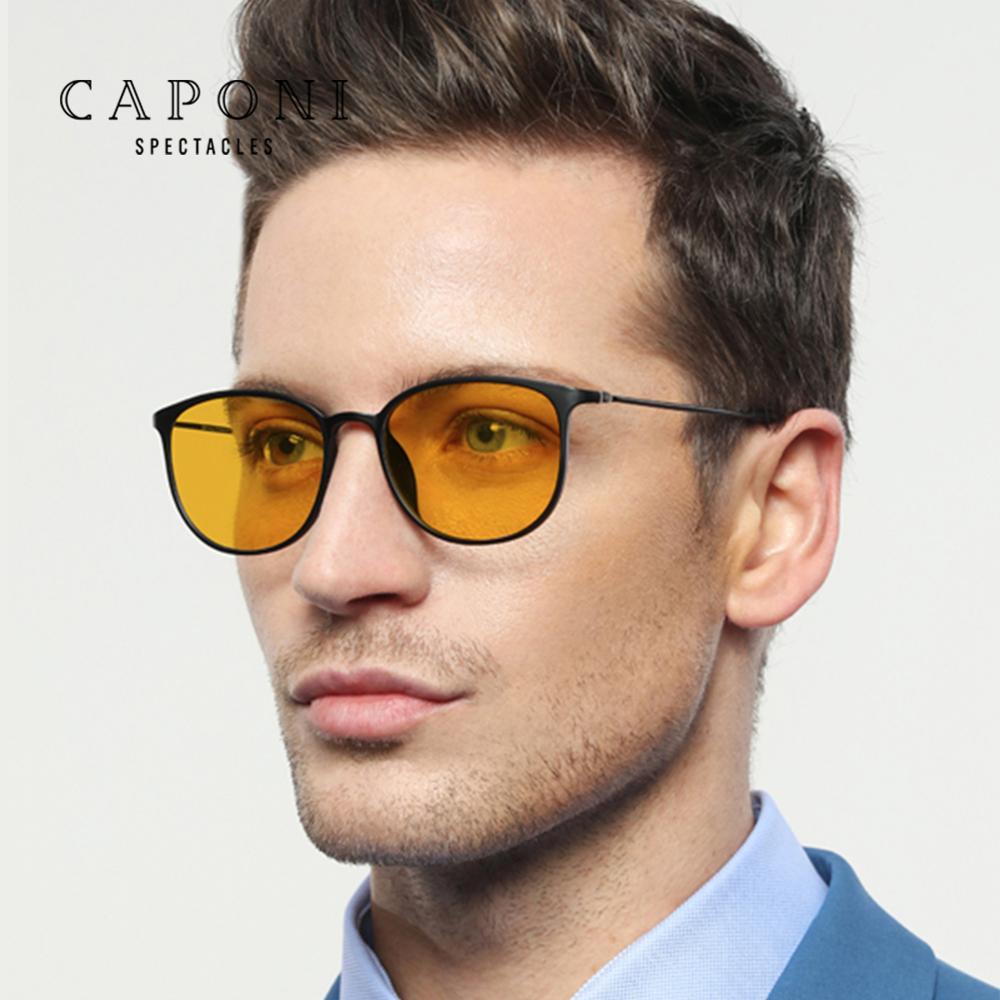 CAPONI Men Sunglasses Photochromic Brown Titanium Temple TR-90 Frame  Vintage Small Oval Yellow Night Vision Glasses Male Sun Glasses BSYS520