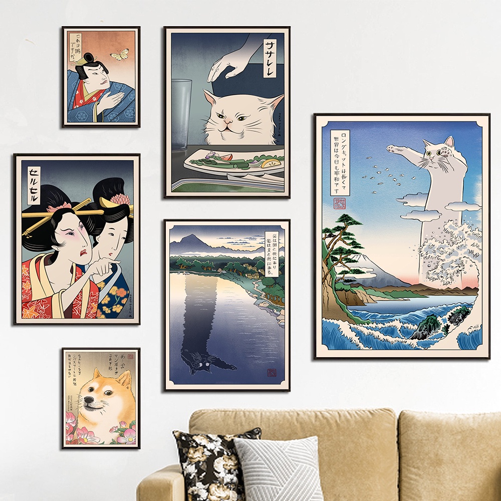 Vintage Japan Ukiyoe Style Canvas Painting Posters Cat Wall Pictures ...