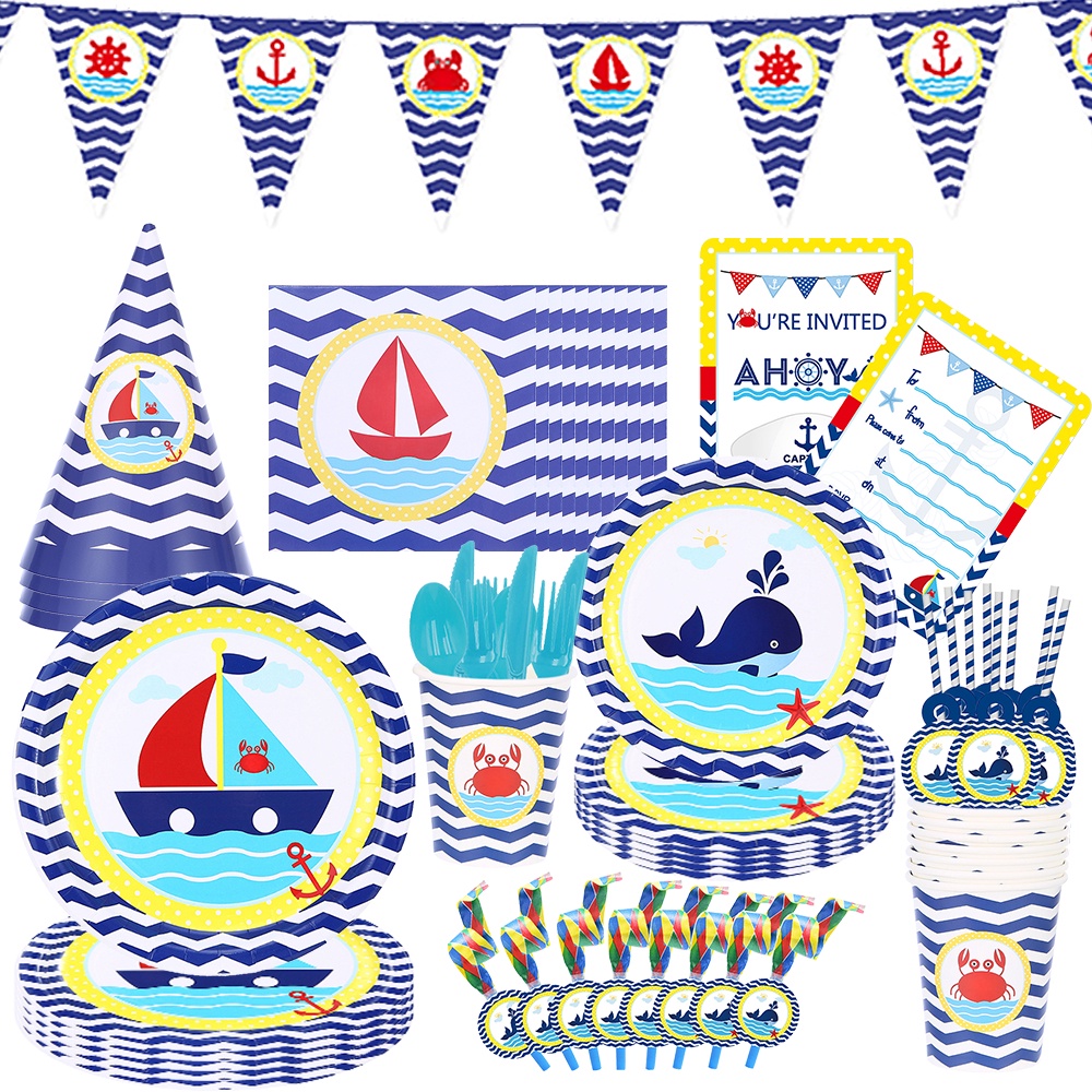 New Blue Boat Nautical Theme Birthday Party Decoration Set Baby Disposable  Tableware Paper Cup Gift Box Supplies Children Party Favor Party Venue  Layout Props Paper Supplies