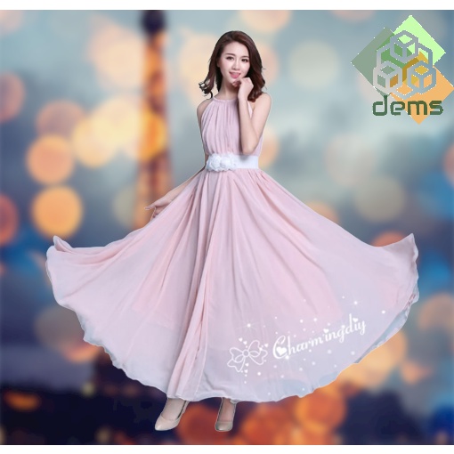 FASHIONABLE KOREAN STYLE HALTER CHIFFON FLOWY PLAIN COLORS MAXI DRESS FOR  WOMEN SURE QUALITY | Shopee Philippines