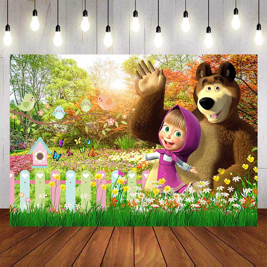 Masha and Bear Birthday Backdrop For Photography Baby Kids Cartoon ...