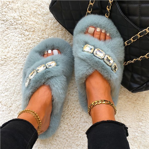 Fur Slides For Women 2021 Fashion Summer Diamond Faux Fur