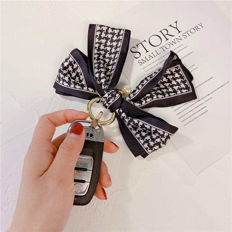 Korean Version Silk Scarf Bow Keychain Personality Pearl Bow Tie Bag ...