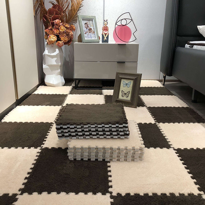 Light Luxury Splicing Plush Carpet Floor Mat, Colorful Jigsaw Puzzle Mat  with Edge Strip,10PCS Floor Mat for Living Room Bedroom