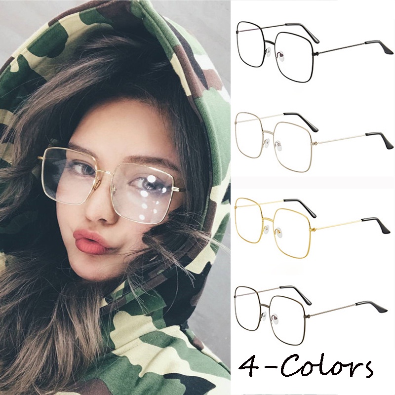 Korean Fashion Square Metal Frame Computer Anti radiation anti blue Light Eyeglasses Women Men Big Frame Face lift Shopee Philippines