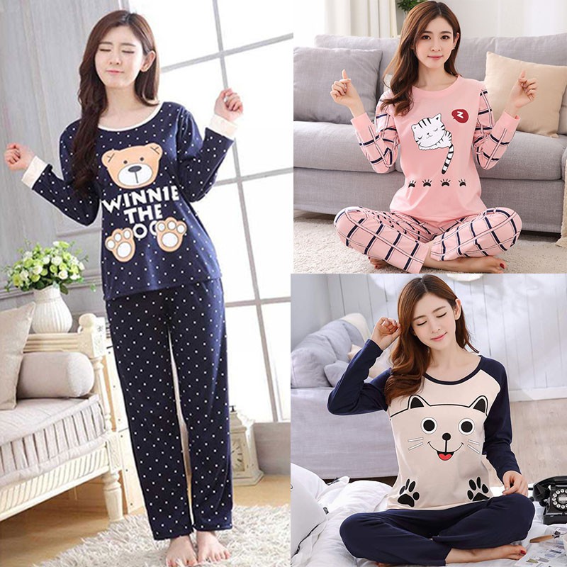Baju Tidur Milk Silk Pyjamas Long Sleeve Sleepwear Pajamas Set | Shopee ...