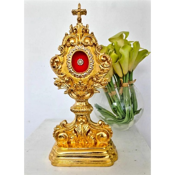 High Polished Church Reliquary, Gold Tone Ornate Tabletop Relic Display ...