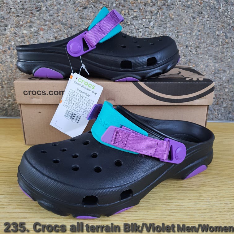 Black and 2024 purple crocs