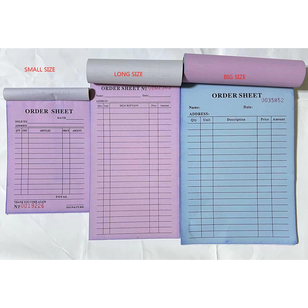 Order Sheet 3 size carbon paper receipt resibo duplicate and triplicate