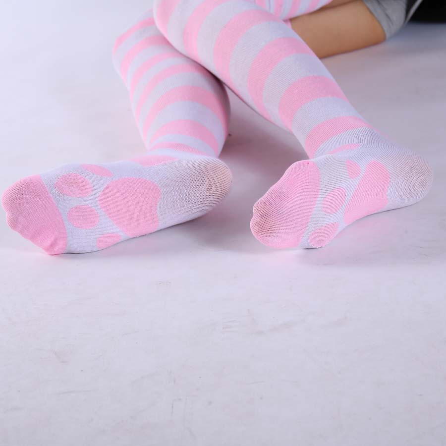 Lolita Over Knee Socks Pink Strip Kawaii Cat Paw Print Stockings Lolita ...