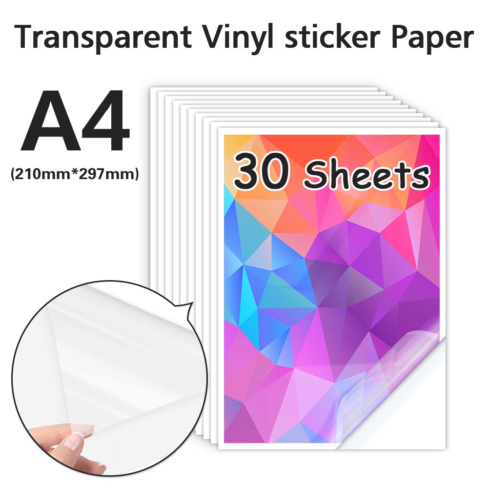 30 Sheets A4 Transparent Printable Vinyl Sticker Paper Waterproof PET