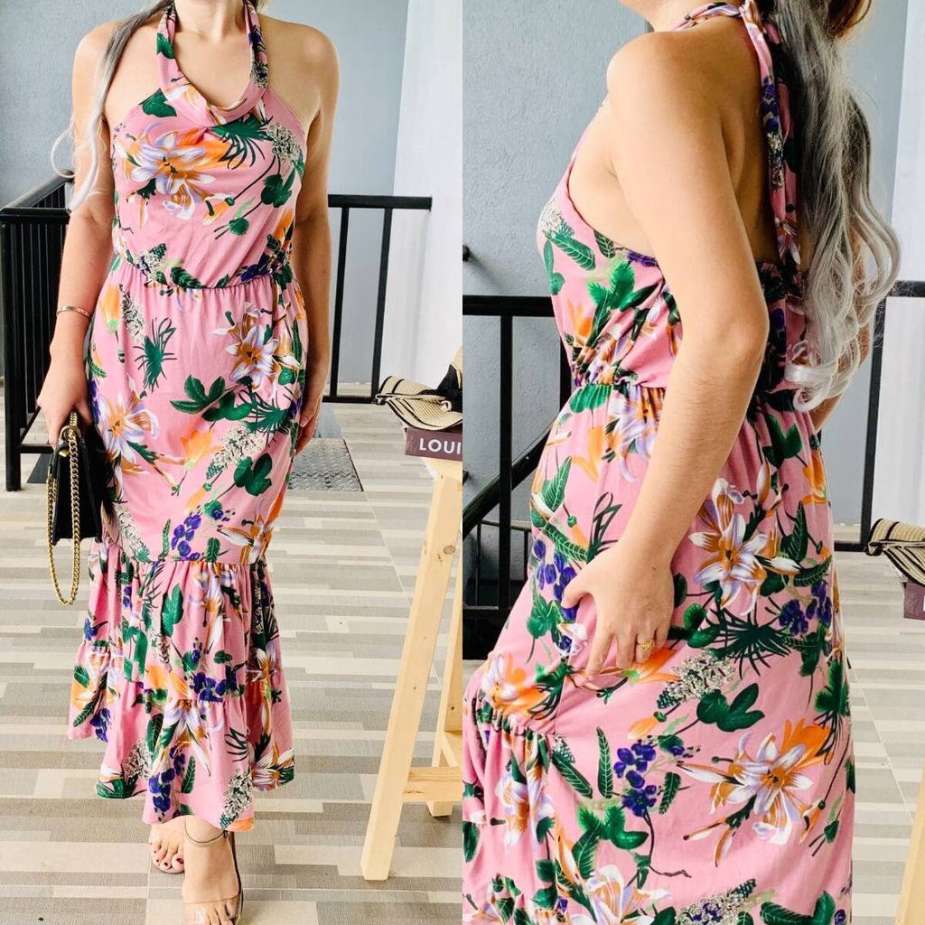 Halter Neck Backless Floral Print Long Maxi Dress for Summer | Shopee ...