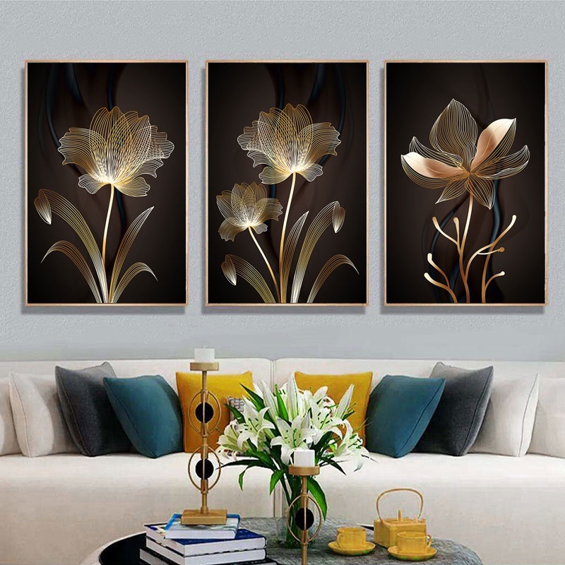 Abstract Black Golden Flower Wall Rt Poster Nordic Leaf Plant Canvas ...