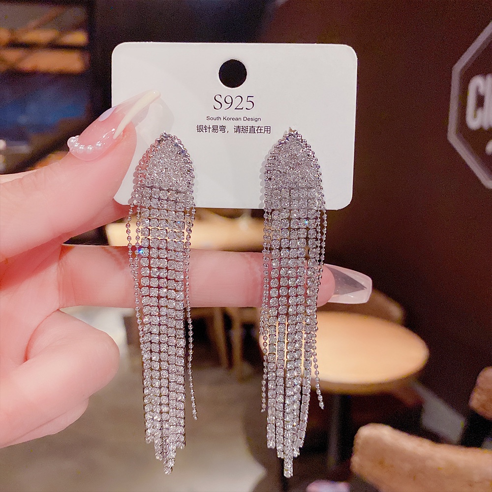 925 Sterling Silver Crystal Tassel Long Drop Dangle Earrings For Women